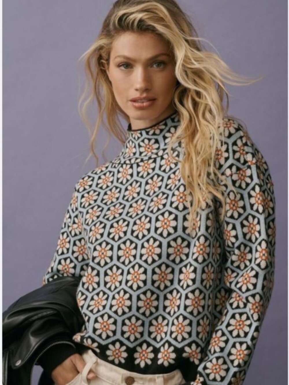 Anthropologie | Maeve Navy Daisy Honeycomb Mock Neck Sweater | Size Medium